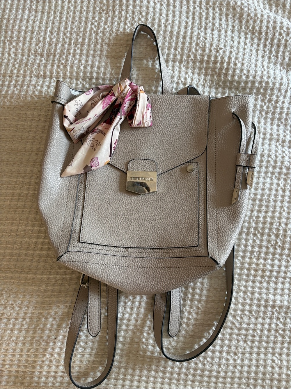 Steve Madden Pebbled Taupe Convertible Backpack Tote with Floral Scarf